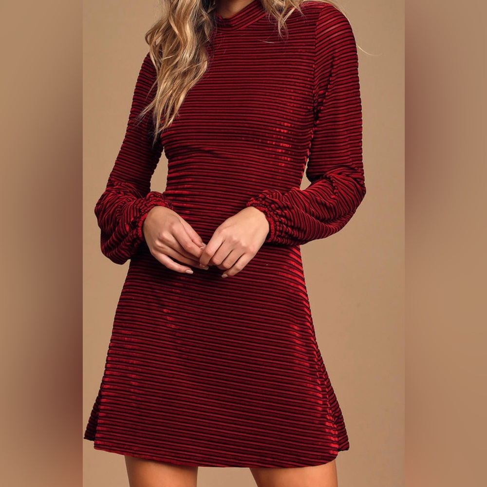 Burgundy Velvet Balloon Striped Dress | Lulus